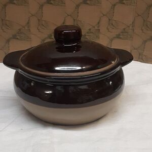 Vintage Monmouth Pottery Bowl Maple Leaf Dip Glaze Stoneware with LID